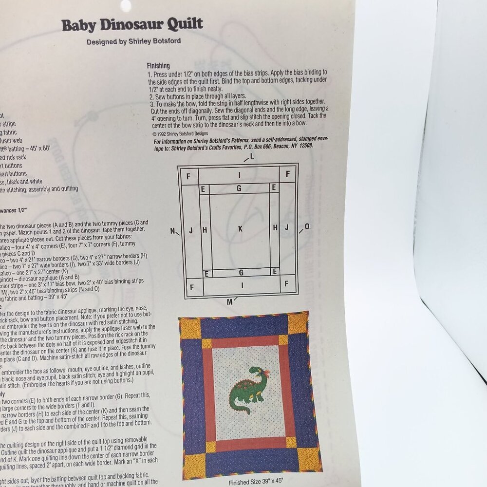 Vintage Quilt Patterns, Baby Dinosaur Quilt Instruction Sheet and Templates